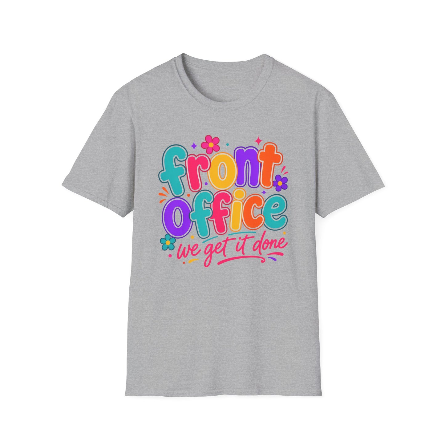 Gray T-shirt with colorful 'Front Office' floral and slogan graphic