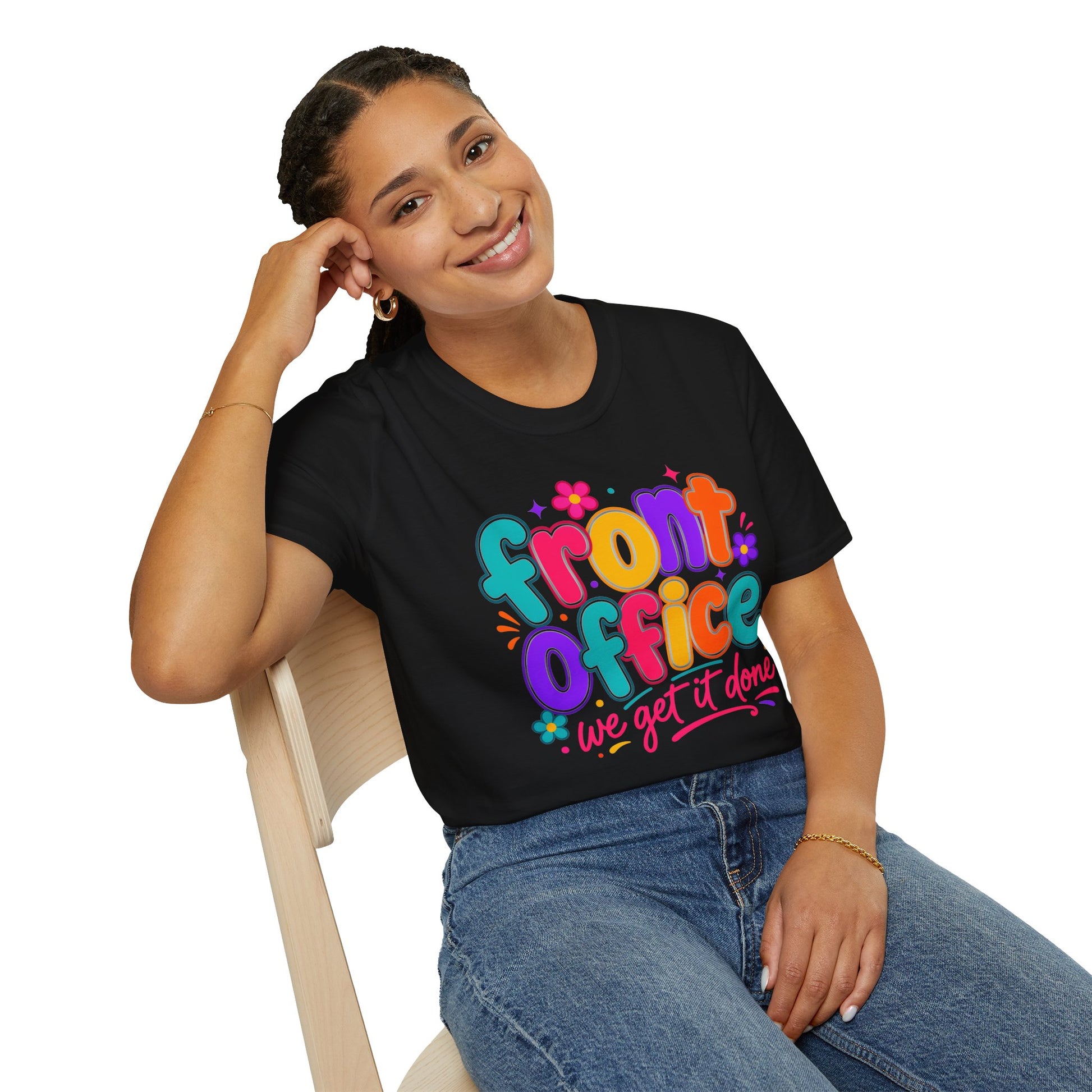 Black T-shirt on model with colorful 'Front Office' floral slogan graphic