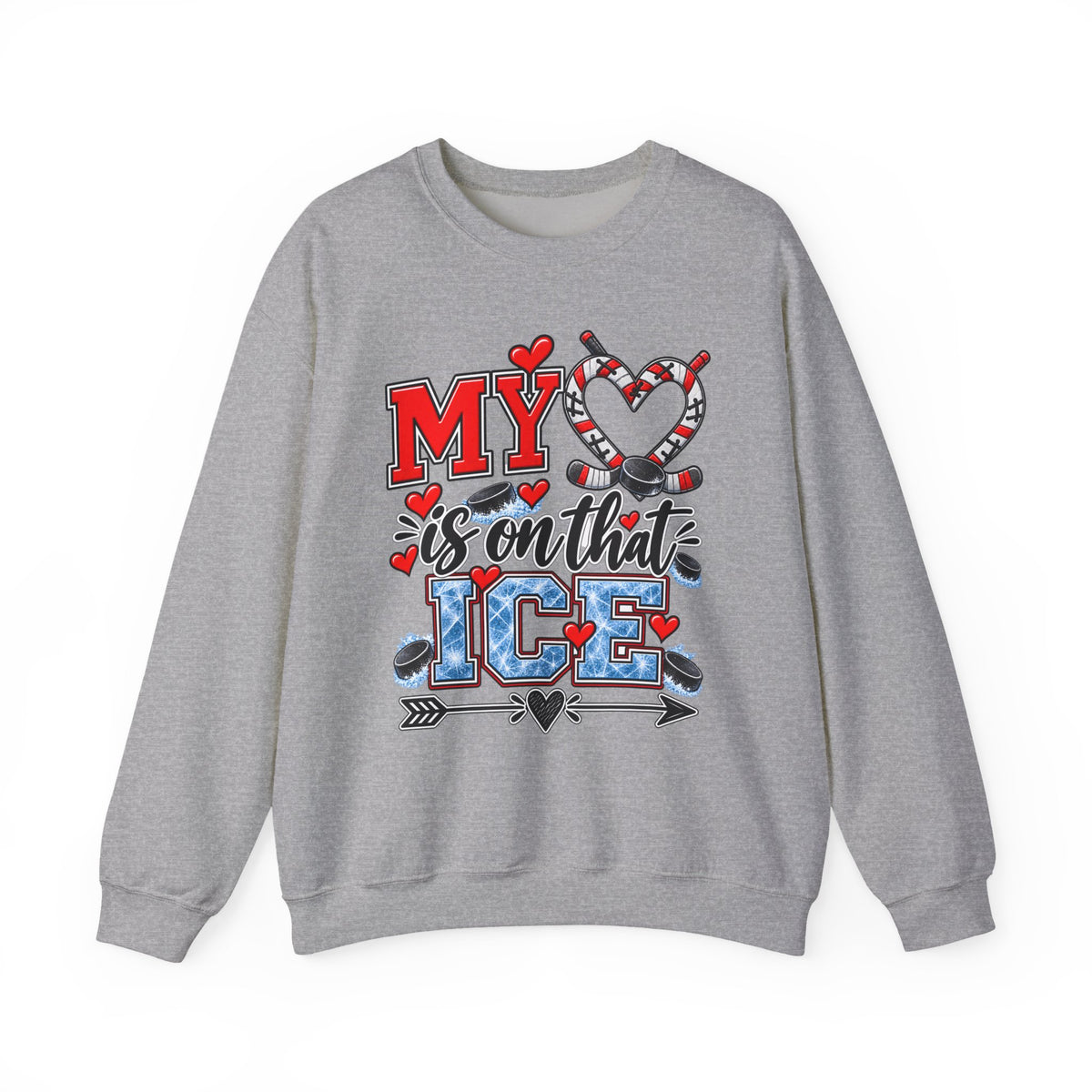 Sport grey sweatshirt with red heart ice skate graphic on the front