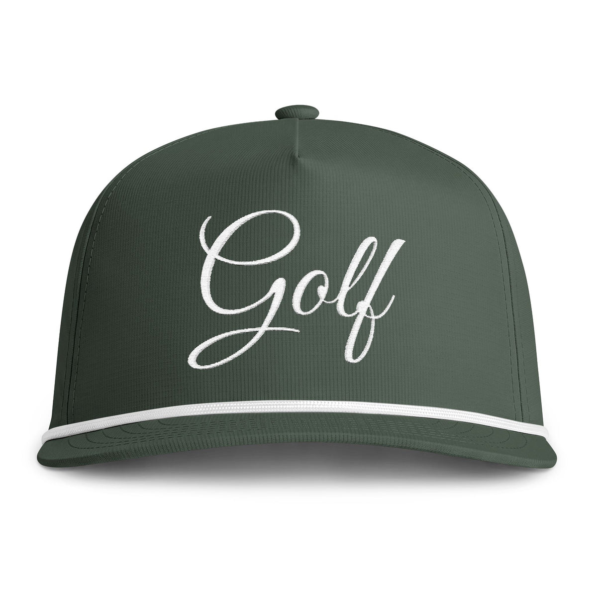 Moss green trucker cap with embroidered 'Golf' script and white contrast trim
