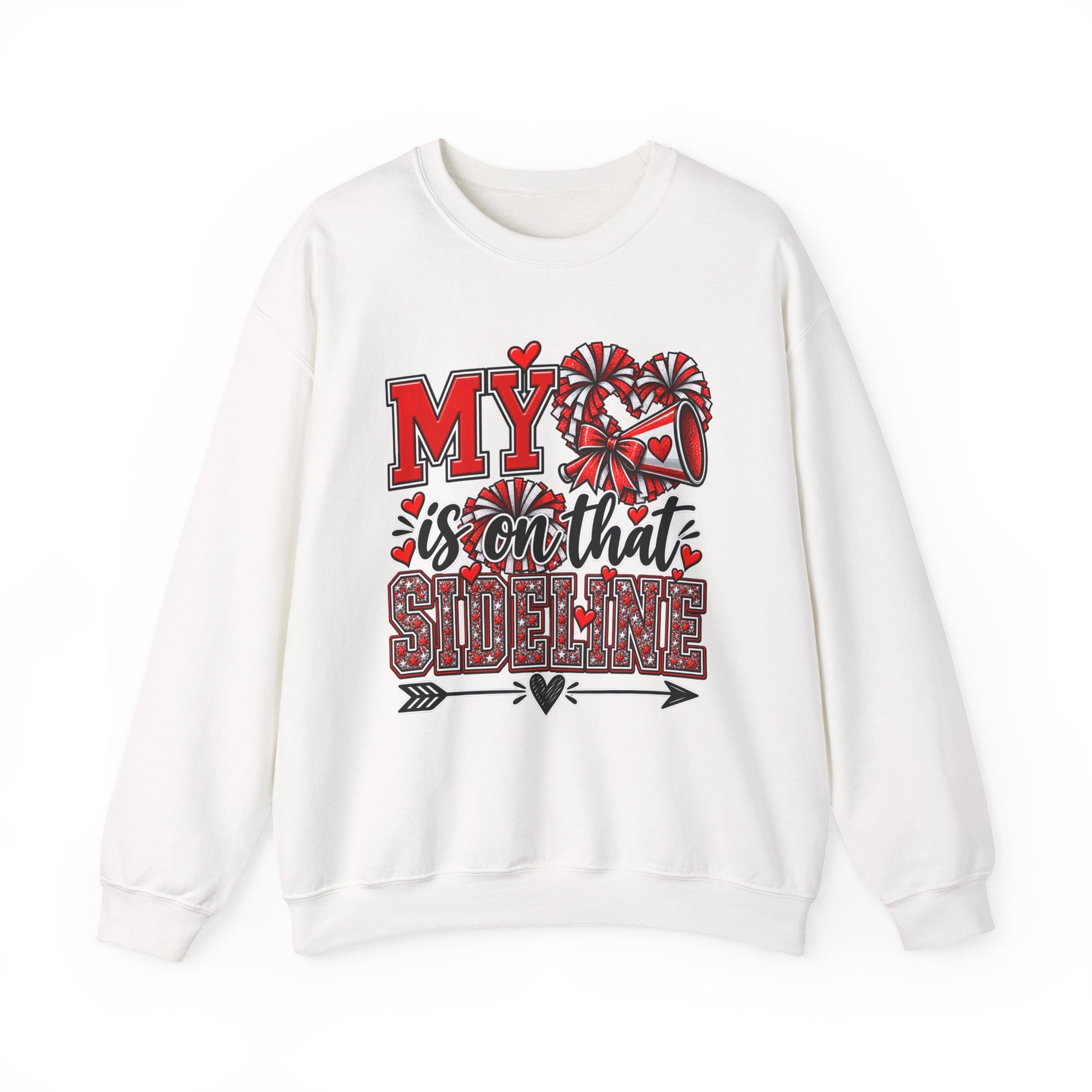White crewneck sweatshirt with red heart and sideline graphic on the front