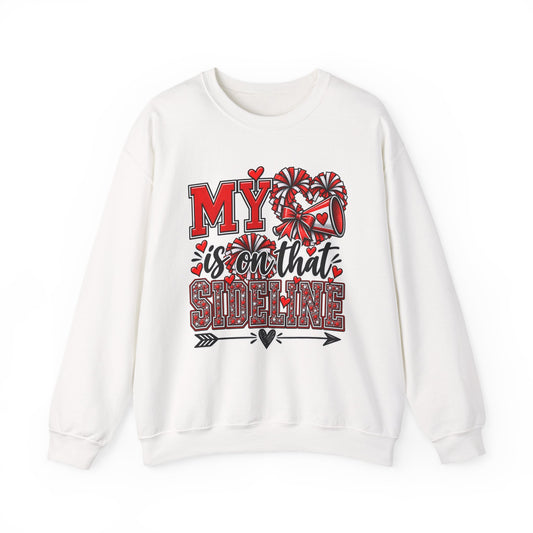 White crewneck sweatshirt with red heart and sideline graphic on the front