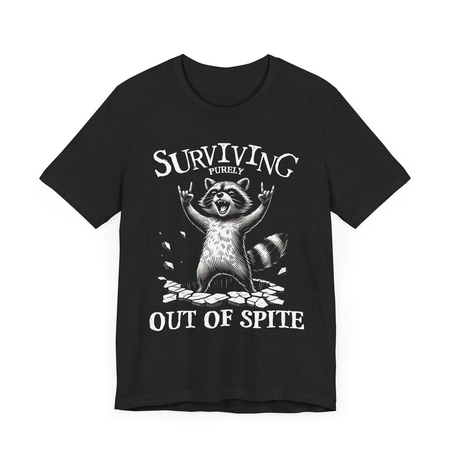 Black crew-neck t-shirt with raccoon graphic and 'Surviving Out of Spite' text