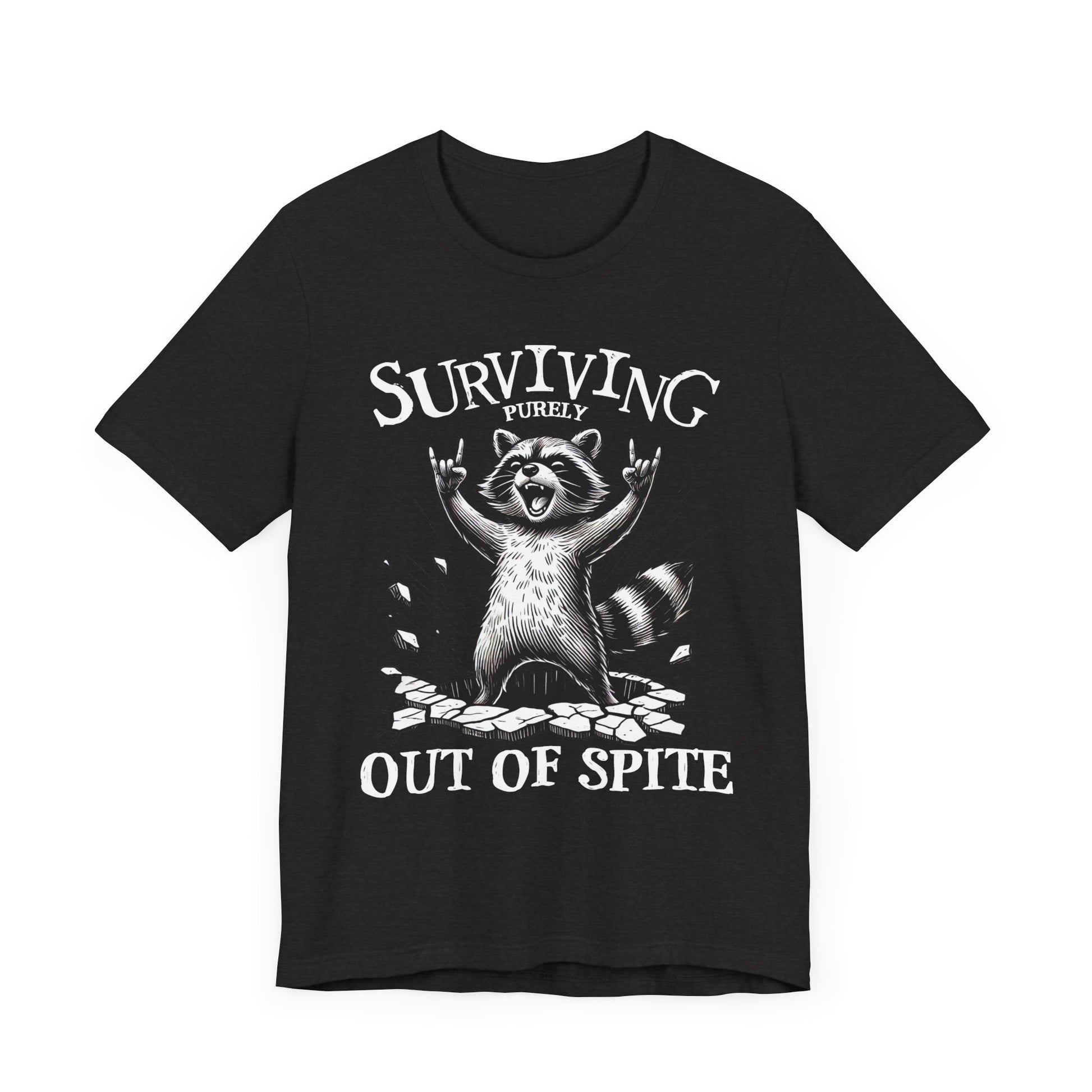 Black crew-neck t-shirt with raccoon graphic and 'Surviving Out of Spite' text