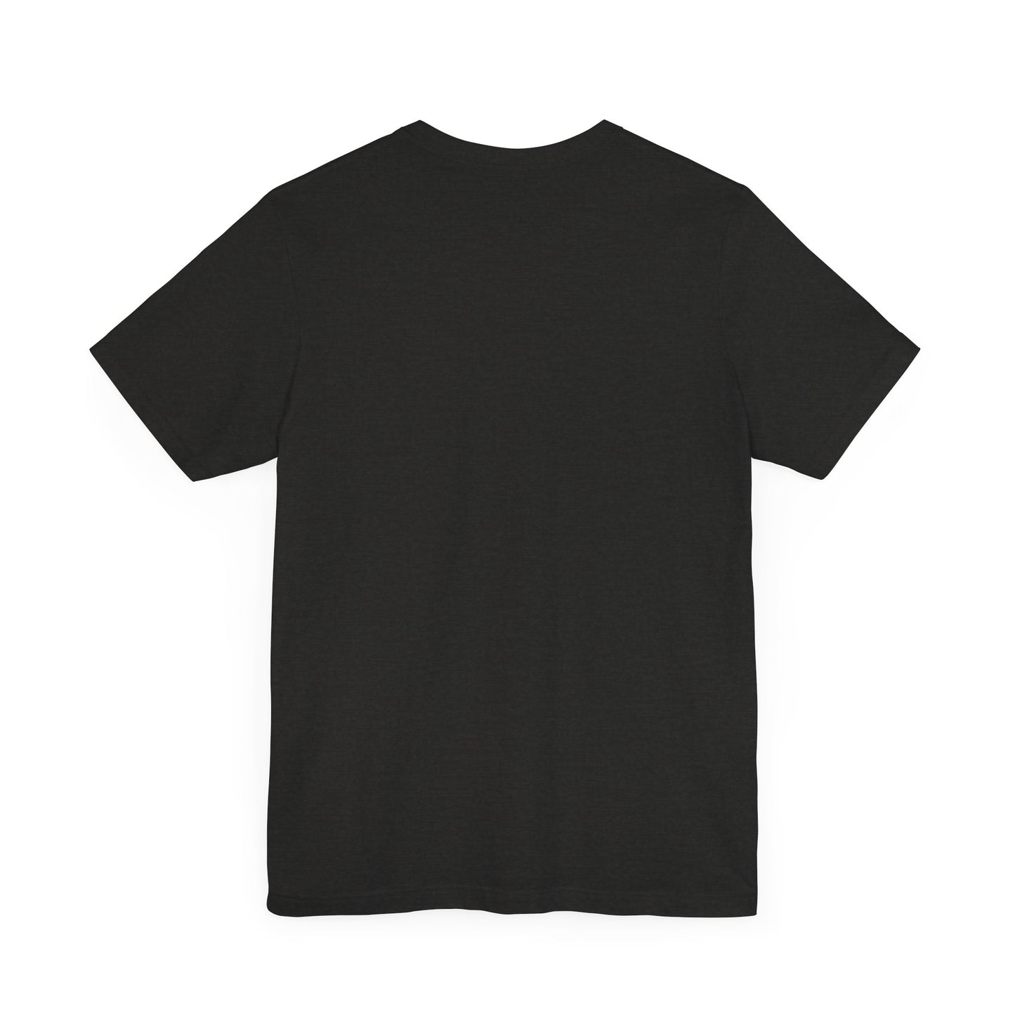 Dark gray crew-neck t-shirt, blank front with no visible graphic