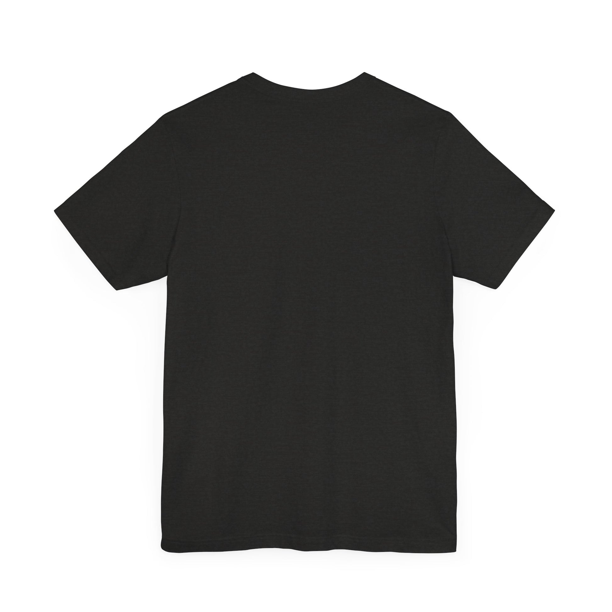 Dark gray crew-neck t-shirt, blank front with no visible graphic
