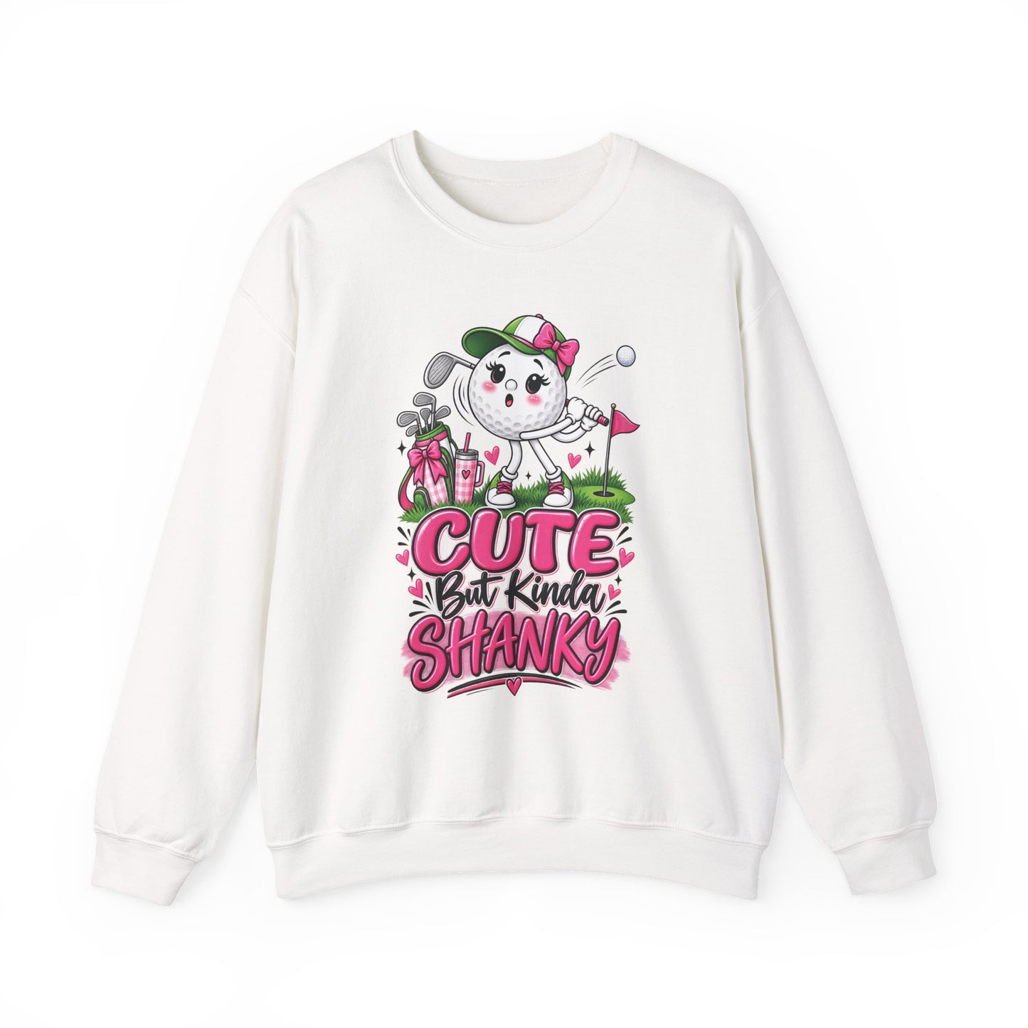 White ladies golf sweatshirt, cartoon golfer graphic with pink 'Cute But Kinda Shanky' text