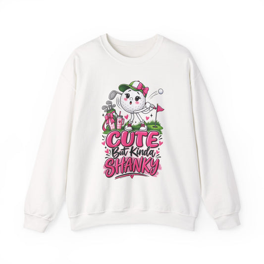 White ladies golf sweatshirt, cartoon golfer graphic with pink 'Cute But Kinda Shanky' text