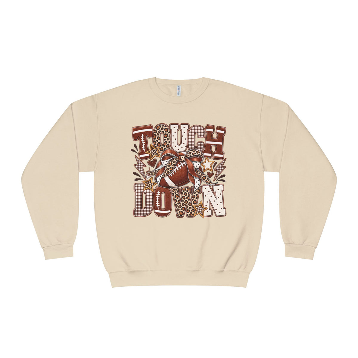Sandstone crewneck sweatshirt with brown football graphic and “Touchdown” lettering