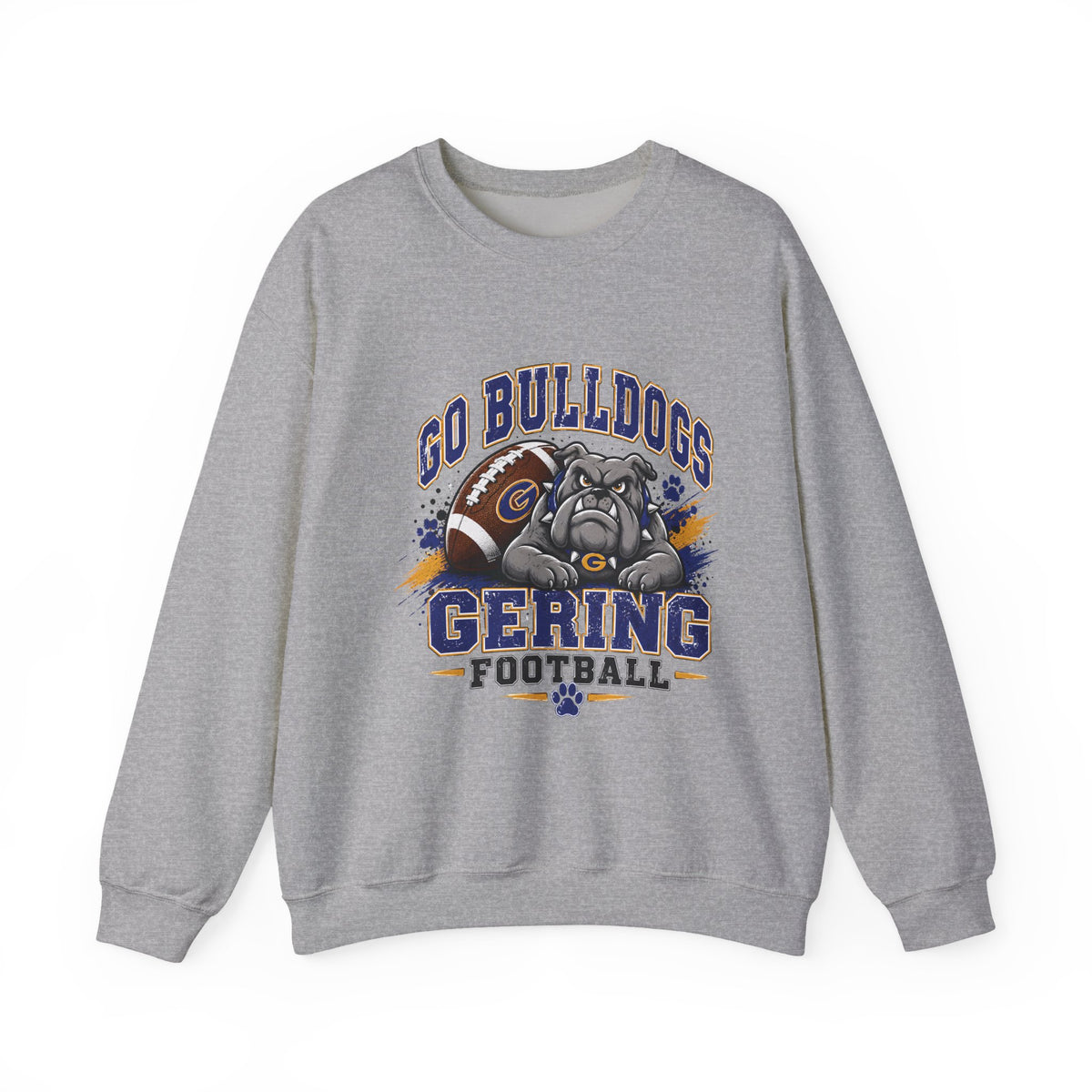 Sport grey crewneck sweatshirt with Bulldogs Gering football graphic on front