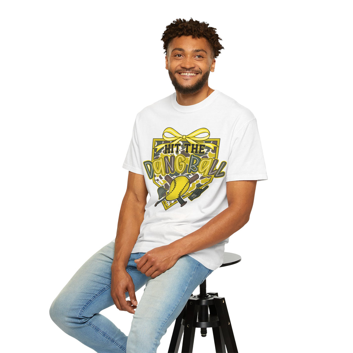 White crewneck softball graphic tee with yellow “Hit The Dang Ball” design