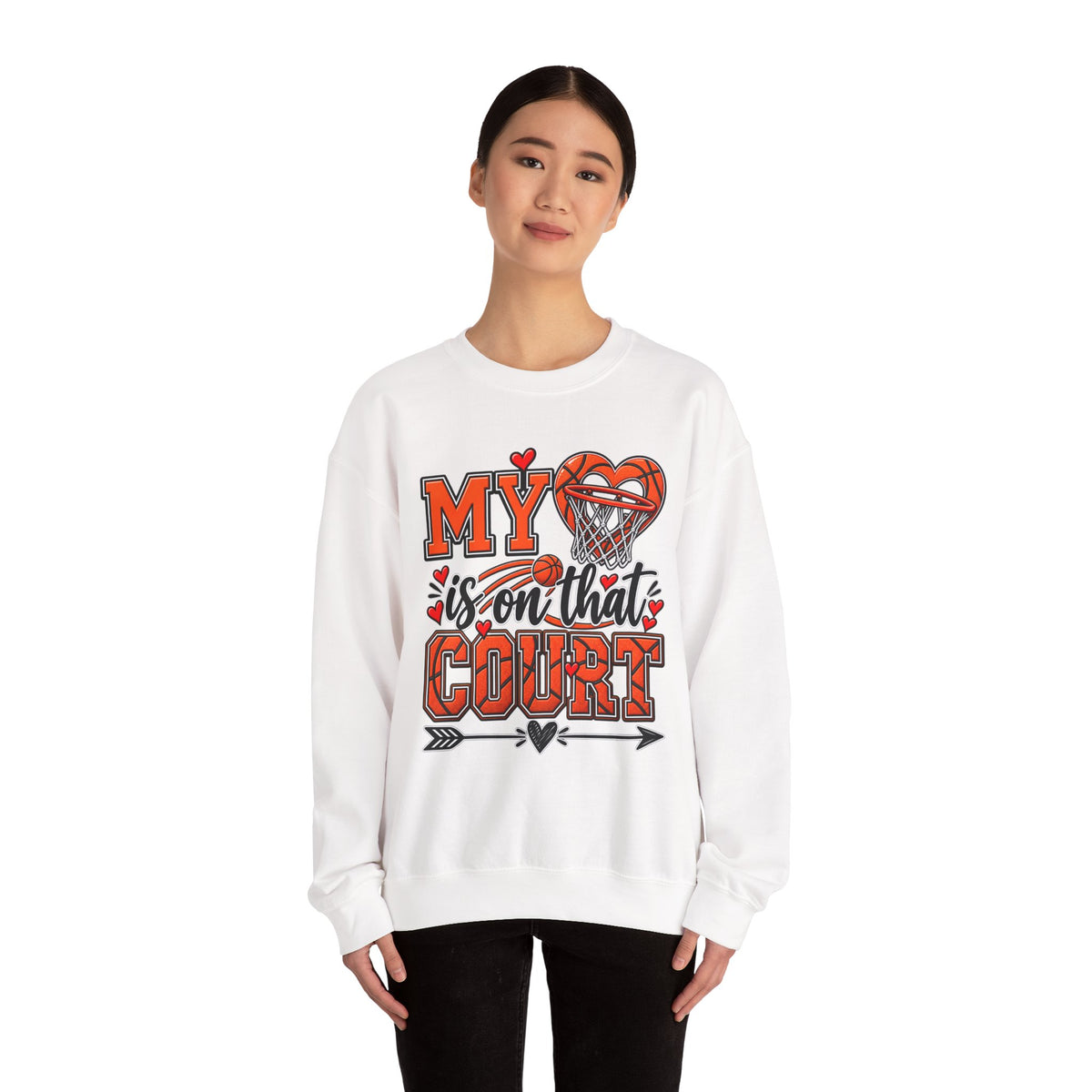 White crewneck sweatshirt with basketball heart and “Court” graphic on front