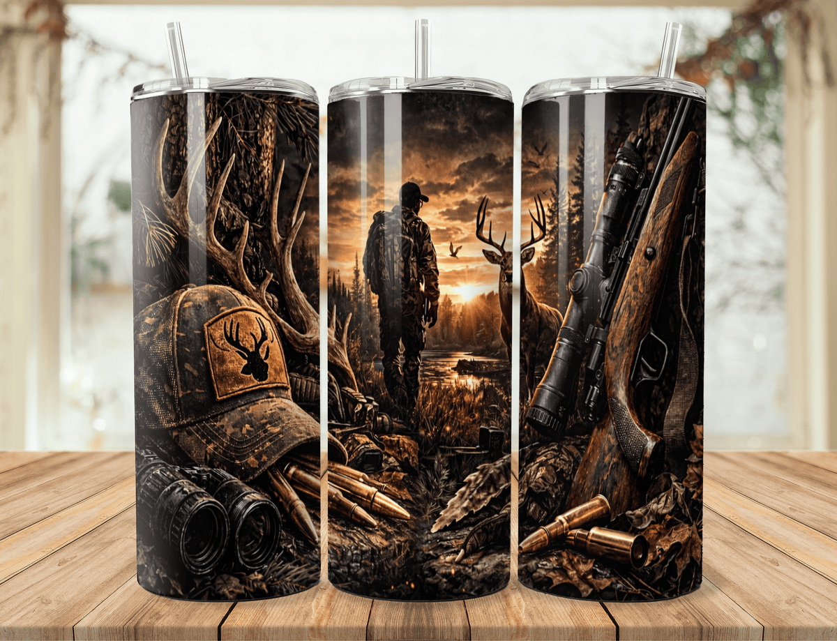 20oz stainless steel travel mug with deer hunter hunting gear graphic and lid