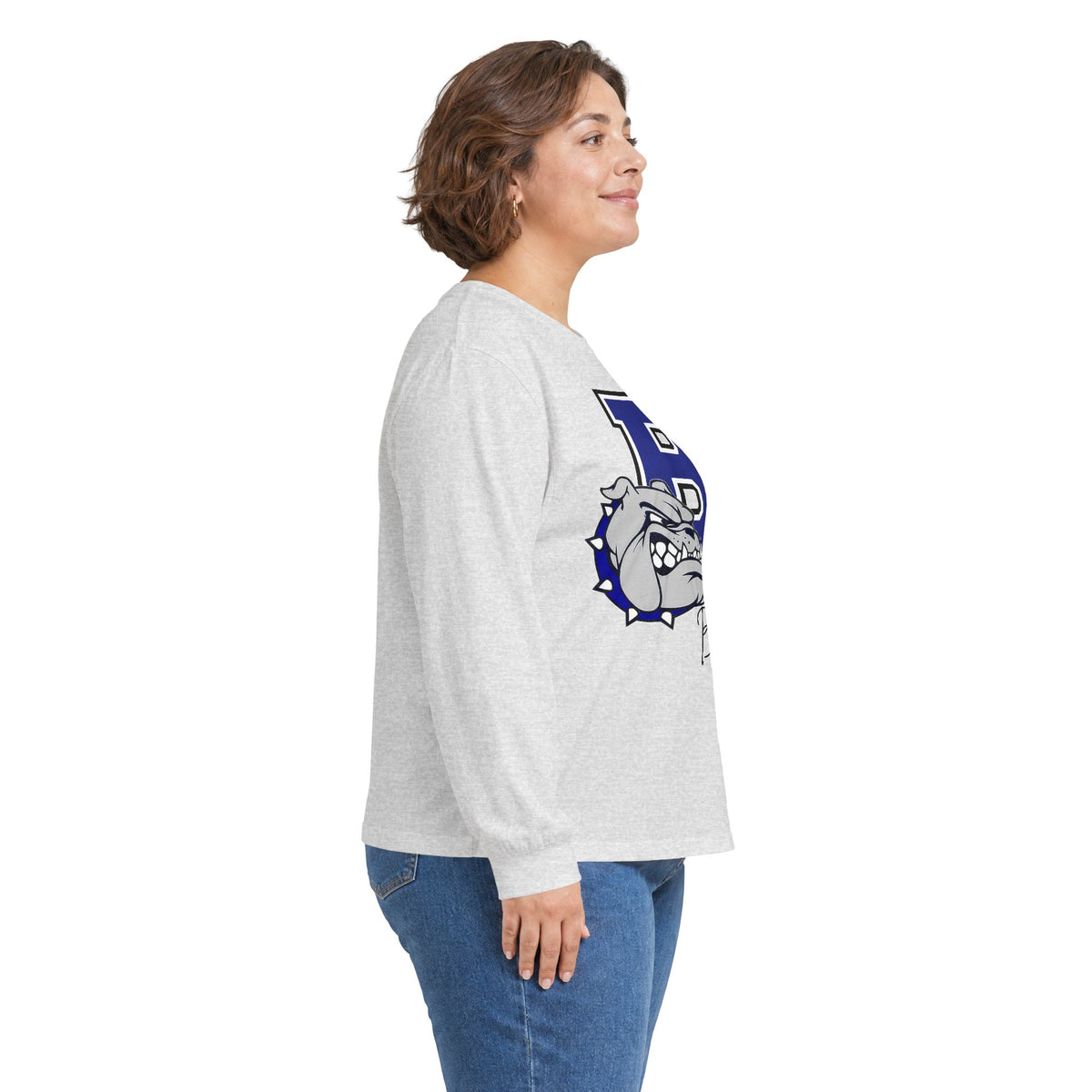 Sport grey long-sleeve T-shirt with blue bulldog logo on the back sleeve