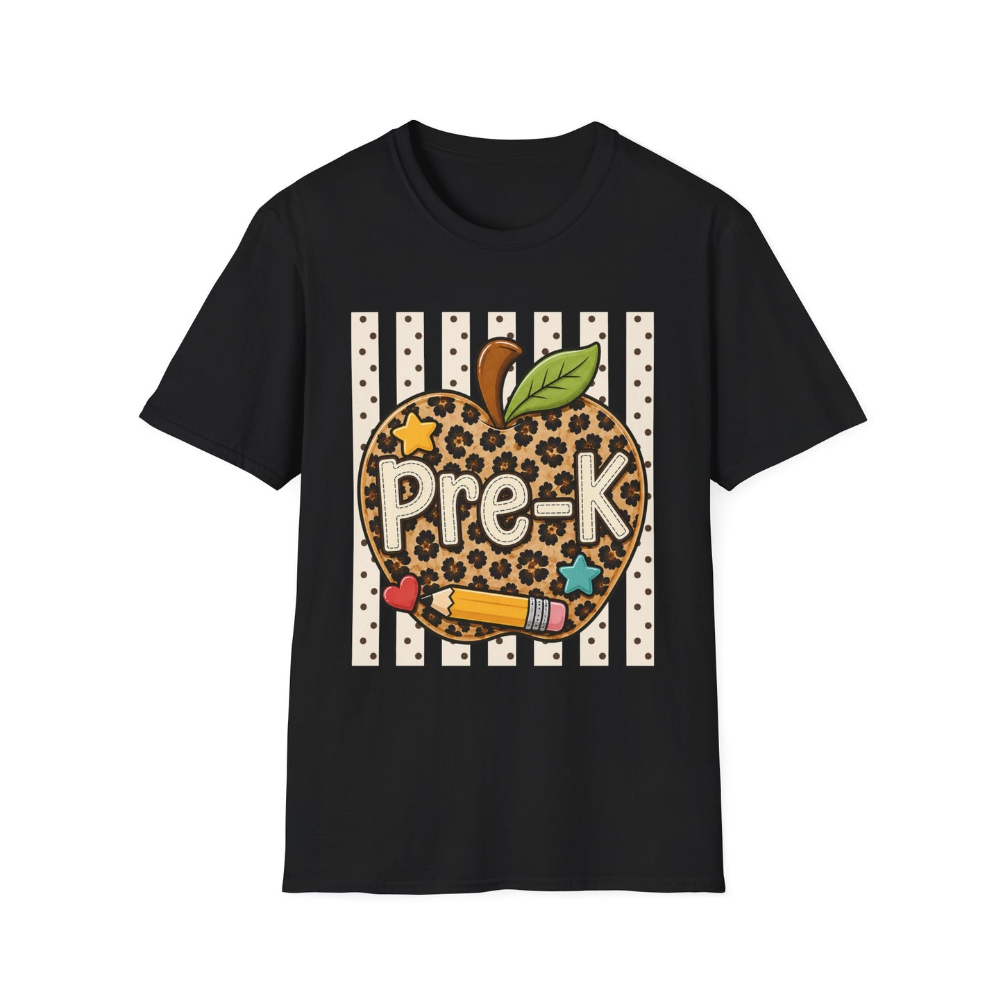Black preschool T-shirt with leopard-print apple “Pre-K” front graphic