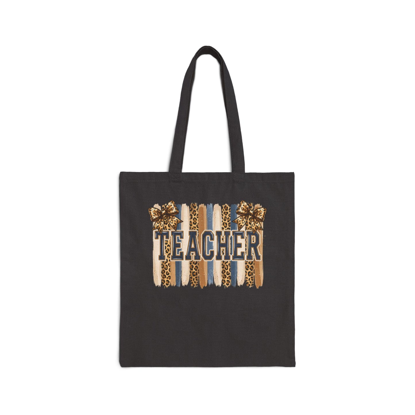 Black canvas tote bag with leopard-stripe “Teacher” graphic