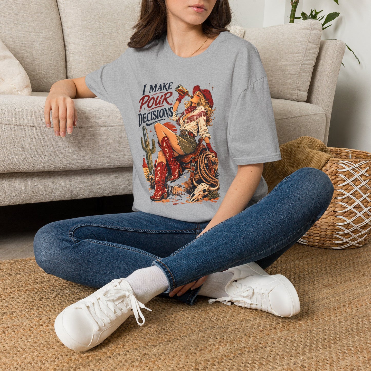 Sport gray cowgirl T-shirt worn by a woman with retro western “I Make Pour Decisions”