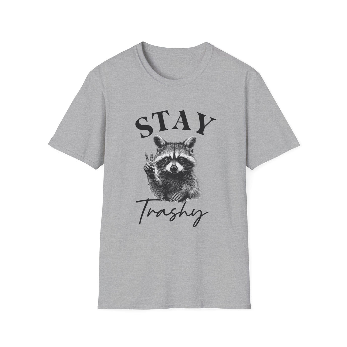 Sport grey raccoon graphic T-shirt with “STAY” and “Trashy” front print