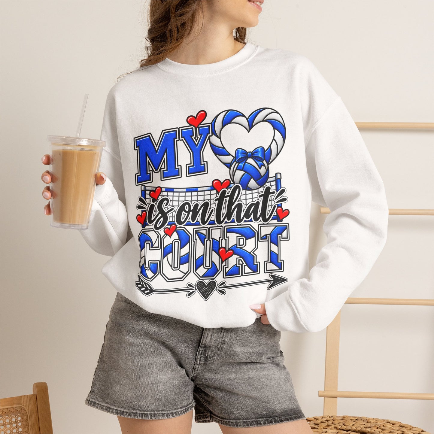 White volleyball graphic sweatshirt worn, “My…court” design with blue hearts