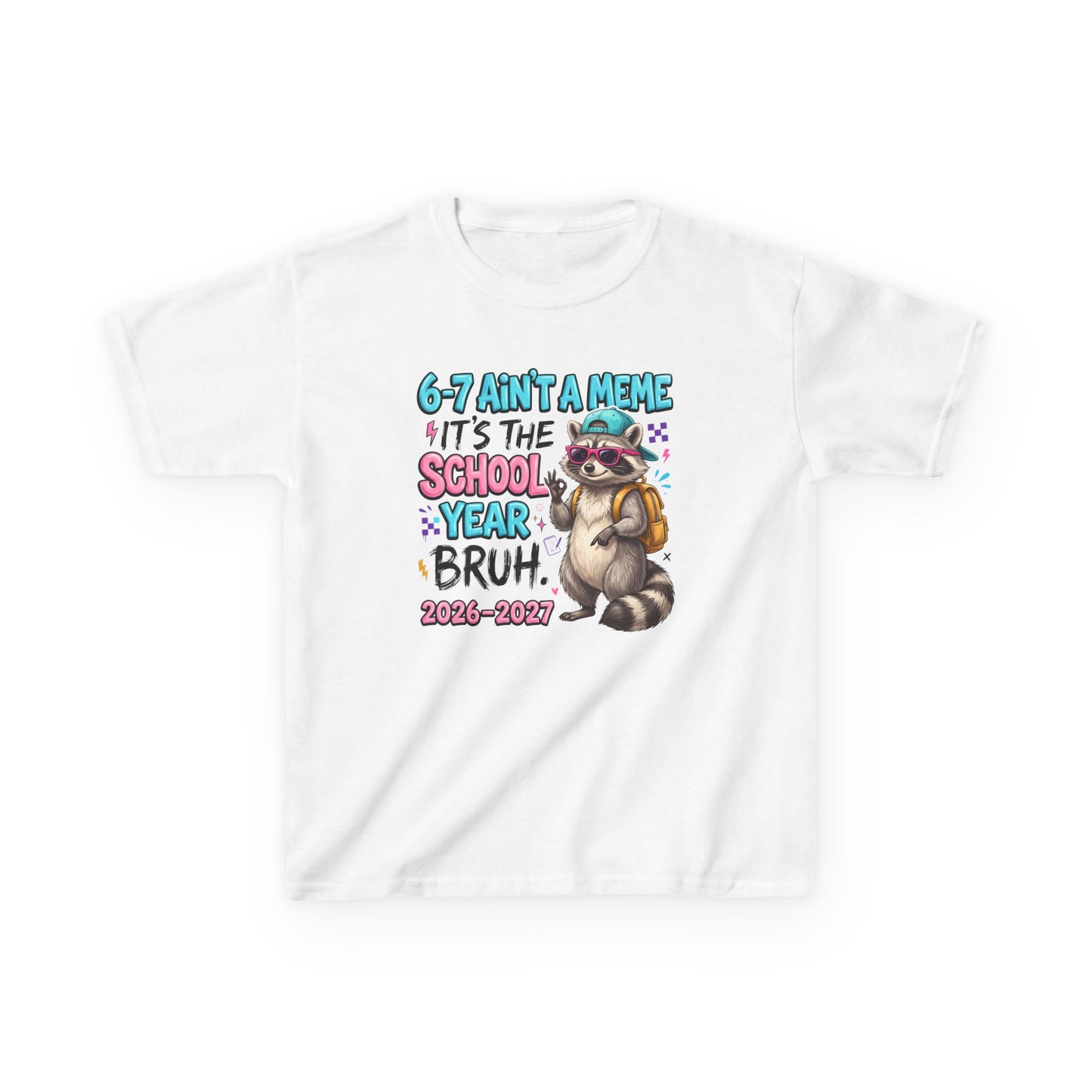 White kids graphic T-shirt with colorful raccoon backpack meme print, short sleeves