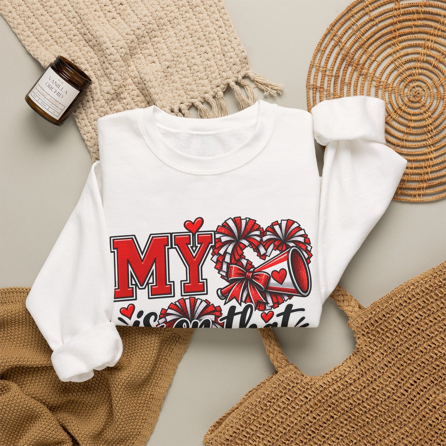 White crewneck sweatshirt with red heart and striped sideline graphic lettering