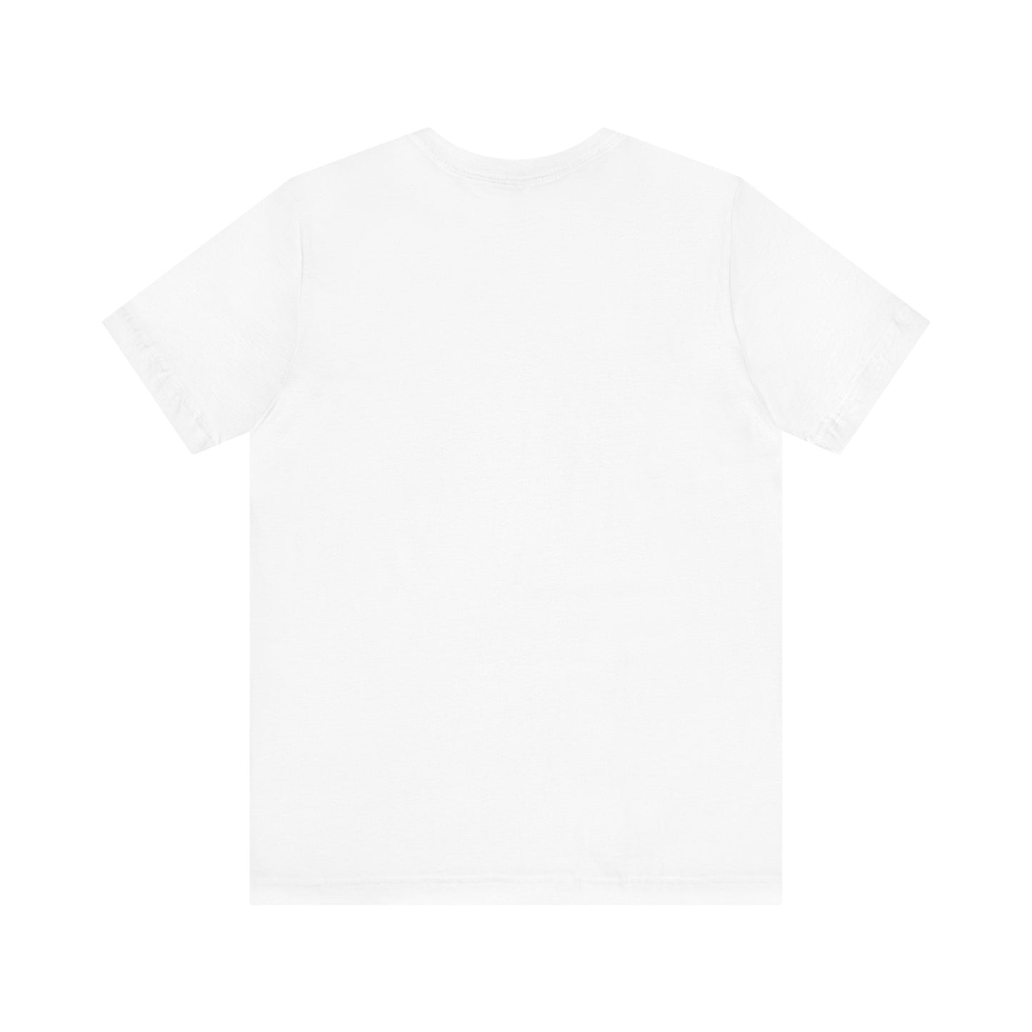 White unisex t-shirt, plain back view with crew neck and short sleeves