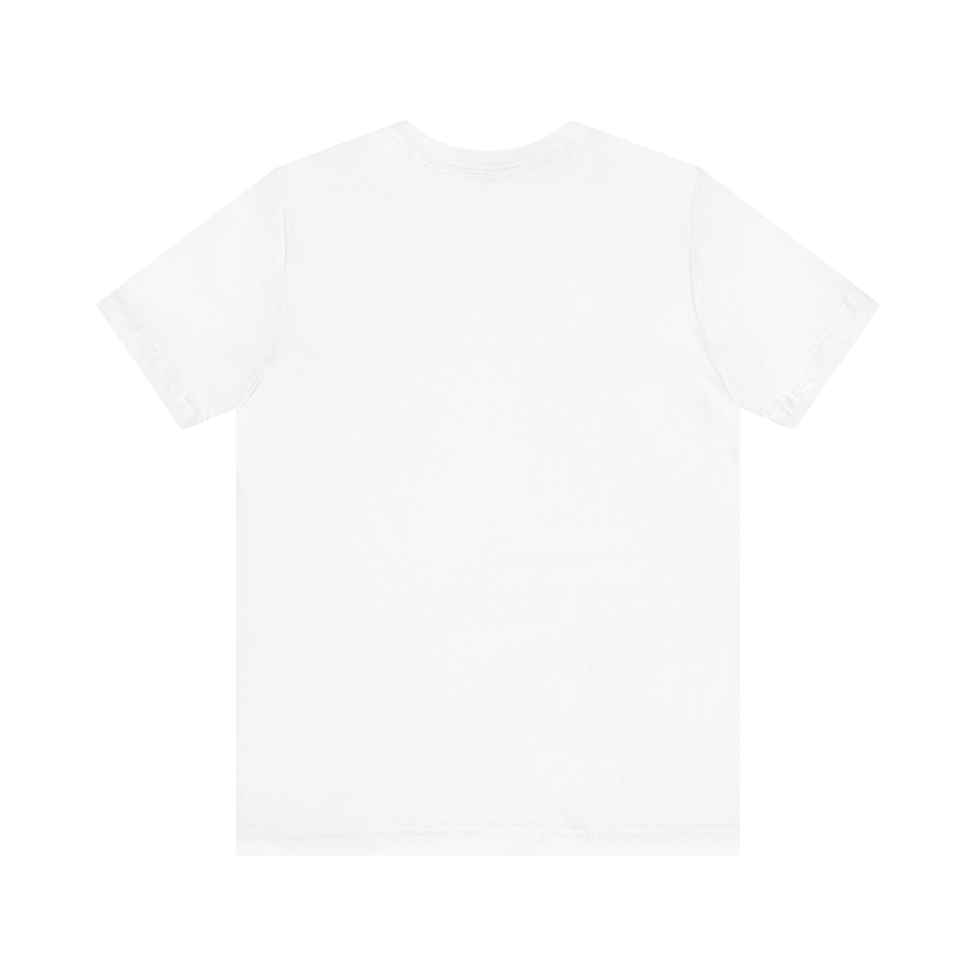 White unisex t-shirt, plain back view with crew neck and short sleeves