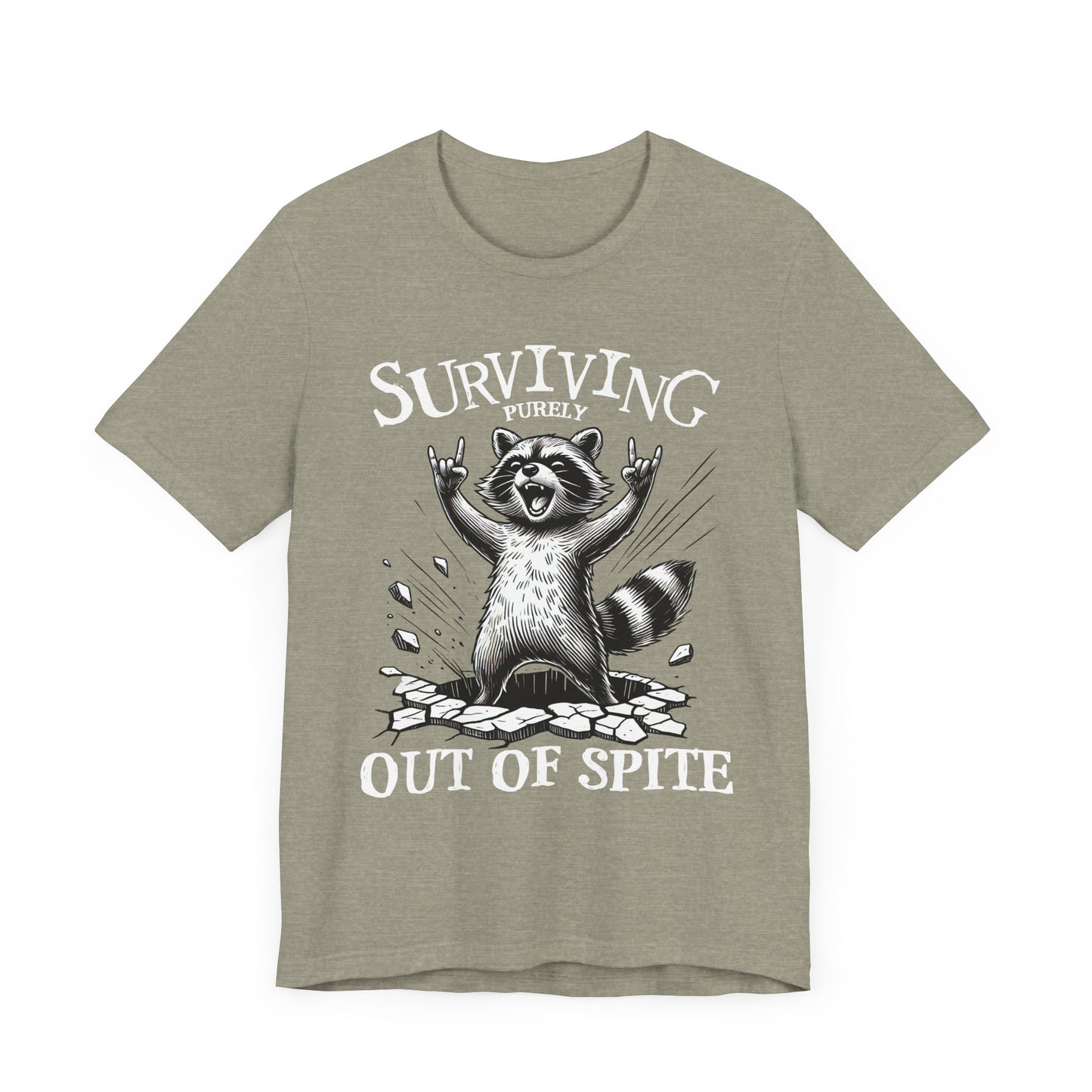 Heather stone crew-neck t-shirt with raccoon graphic and 'Surviving Out of Spite' text