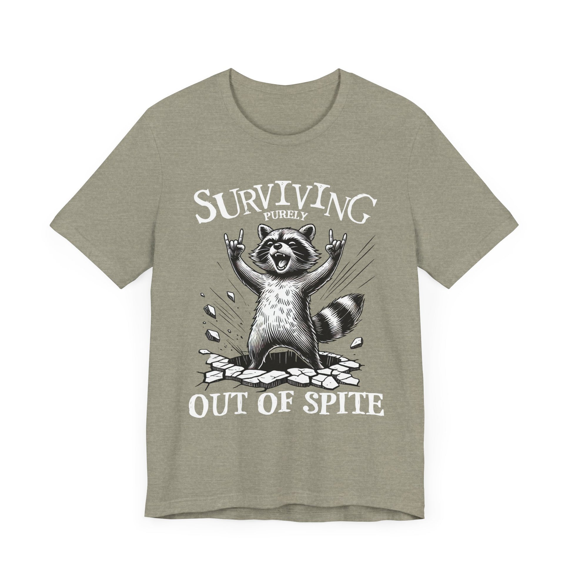 Heather stone crew-neck t-shirt with raccoon graphic and 'Surviving Out of Spite' text