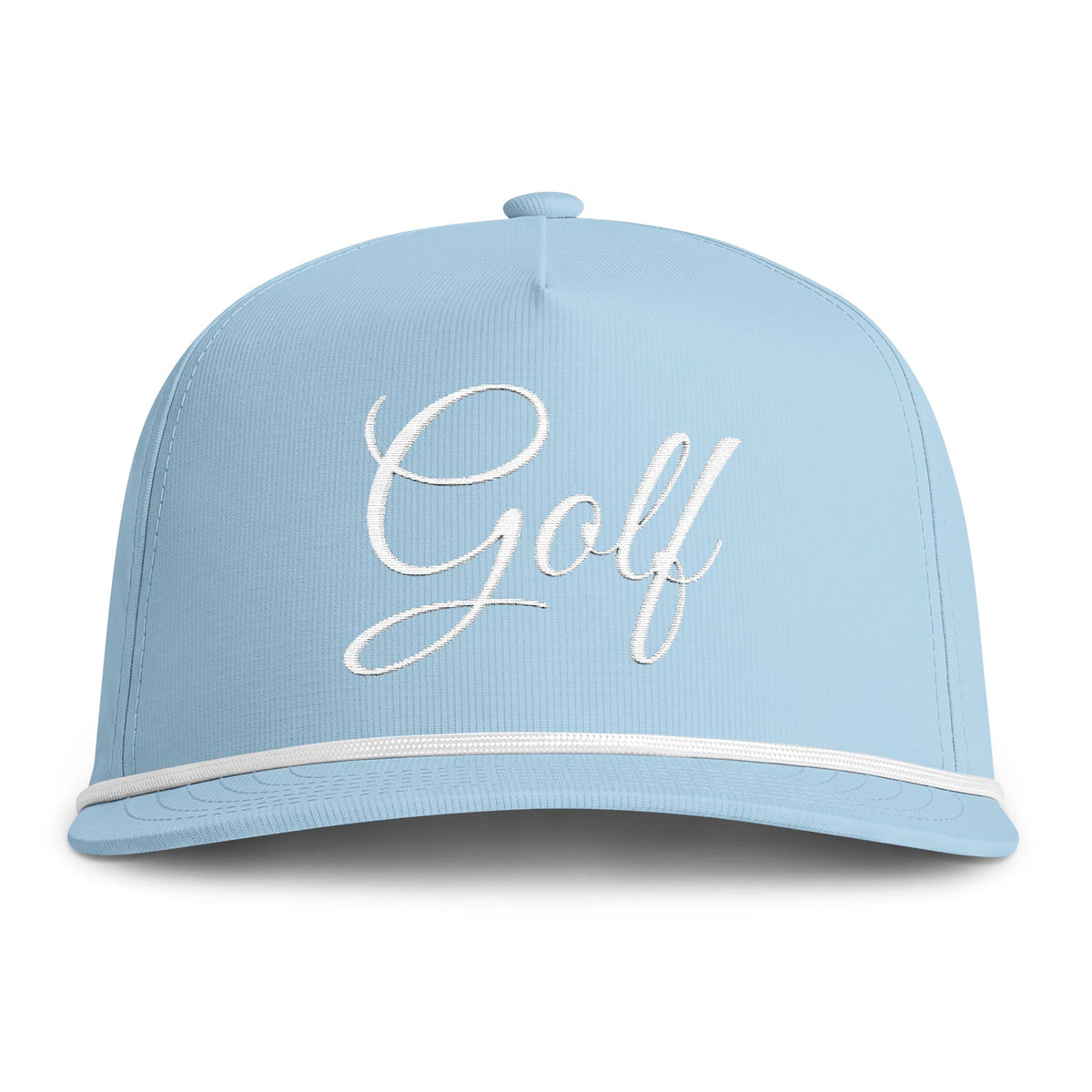 Light blue trucker cap with embroidered 'Golf' script and white contrast trim