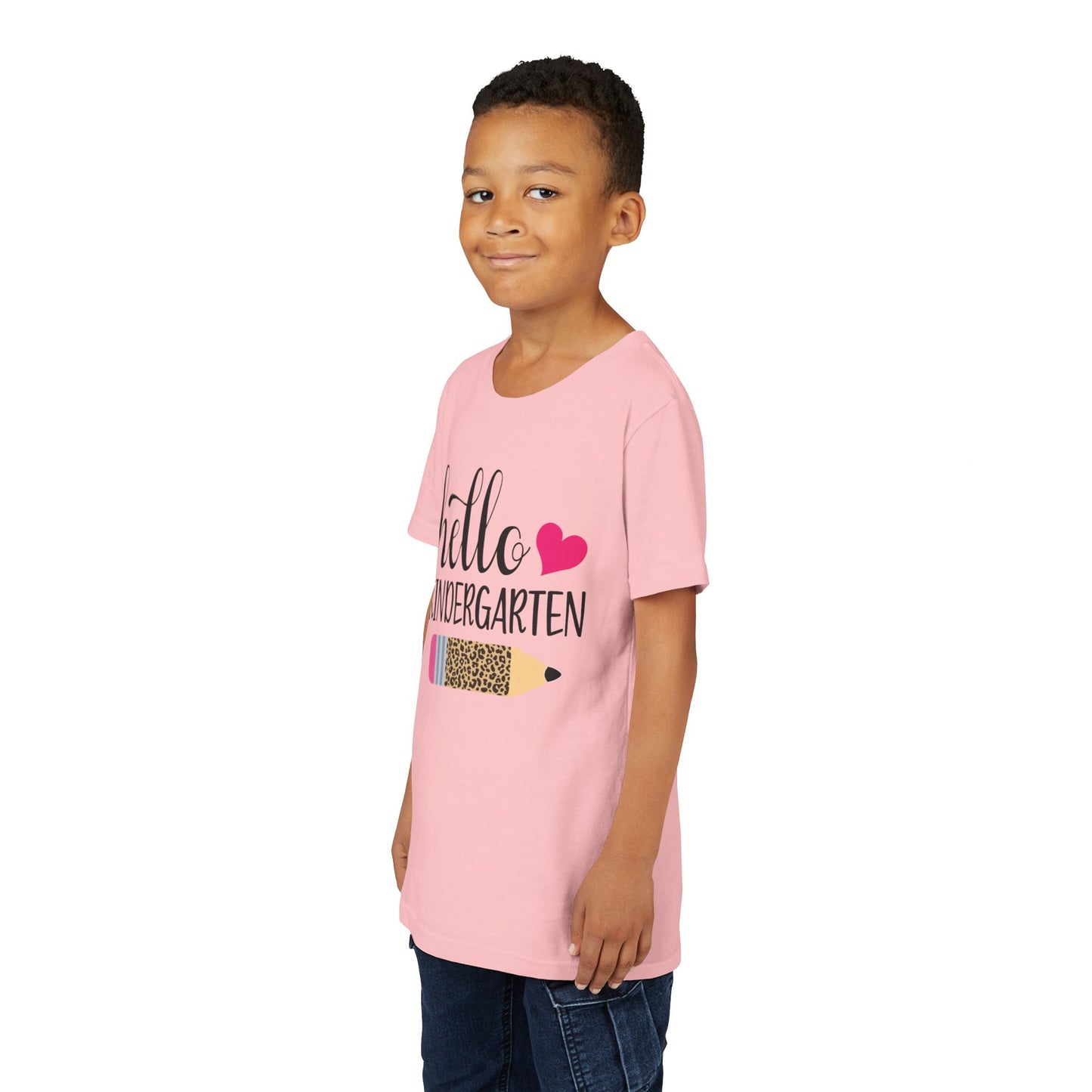 Youth T-shirt, pink side view with “hello kindergarten” graphic and pink heart