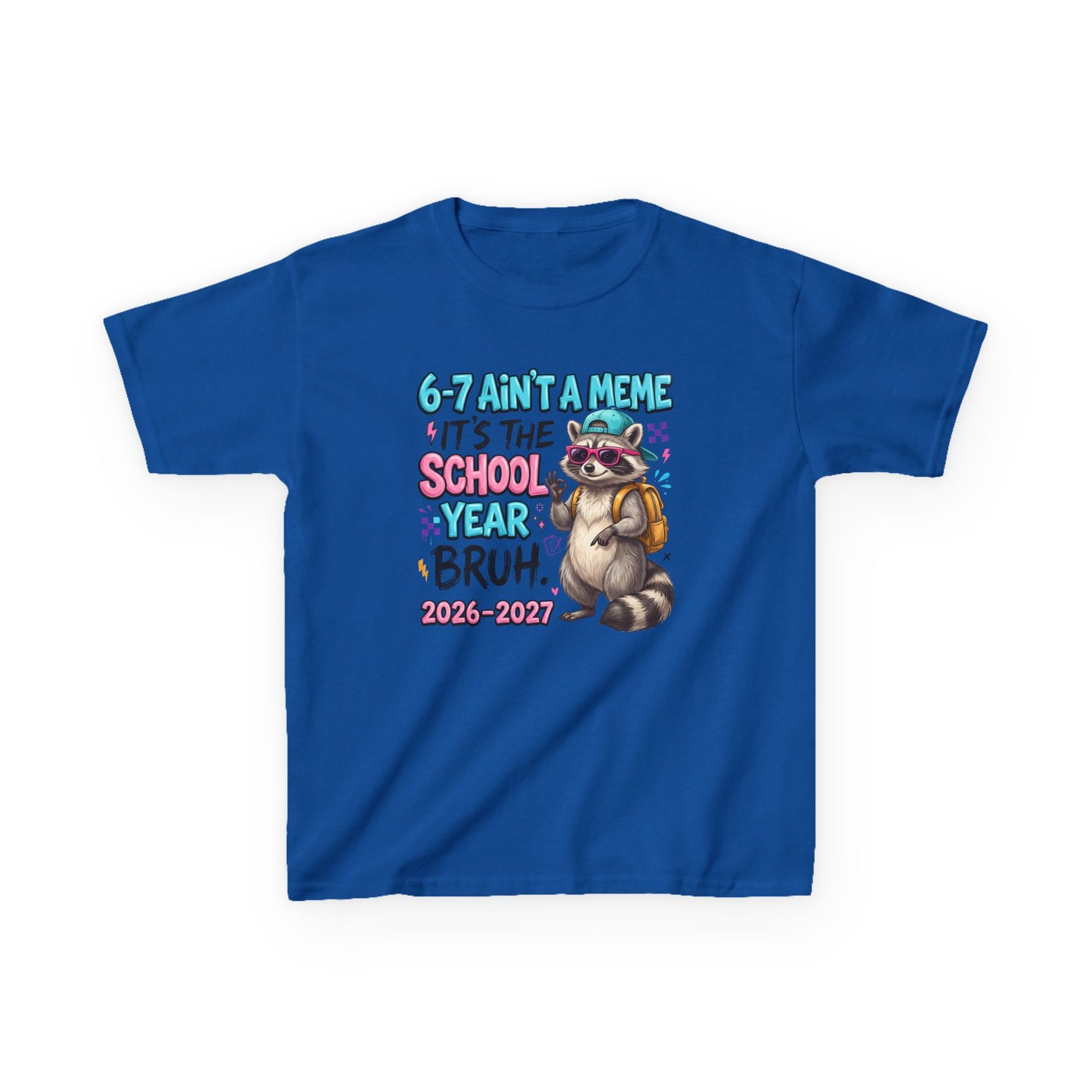 Navy blue kids graphic T-shirt with colorful raccoon backpack meme print, short sleeves