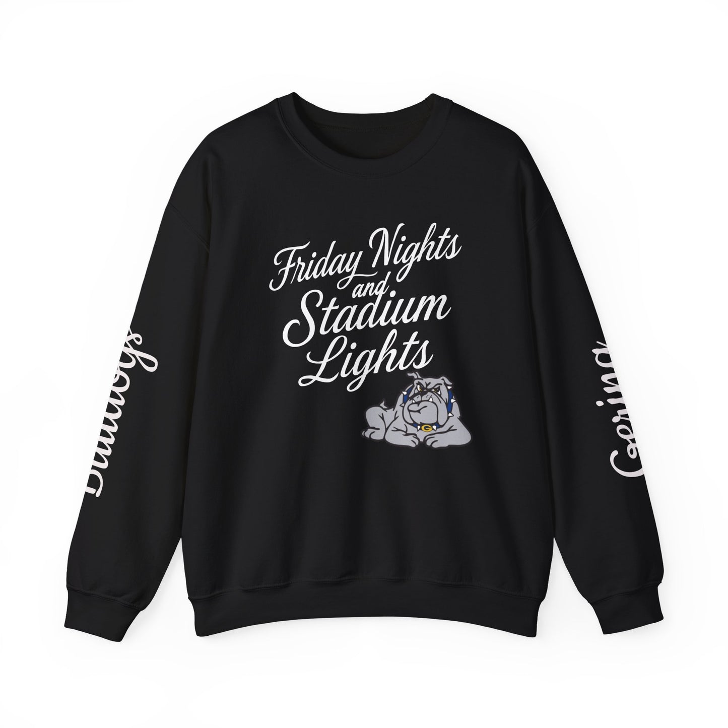 Black crewneck sweatshirt with “Friday Nights and Stadium Lights” graphic and bulldog emblem