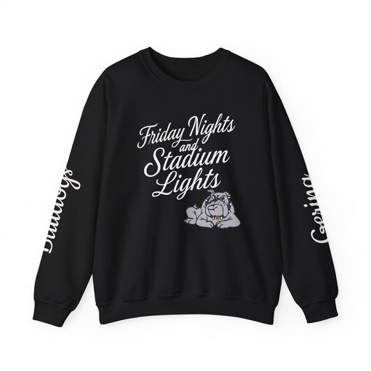 Black crewneck sweatshirt with “Friday Nights and Stadium Lights” graphic and bulldog emblem