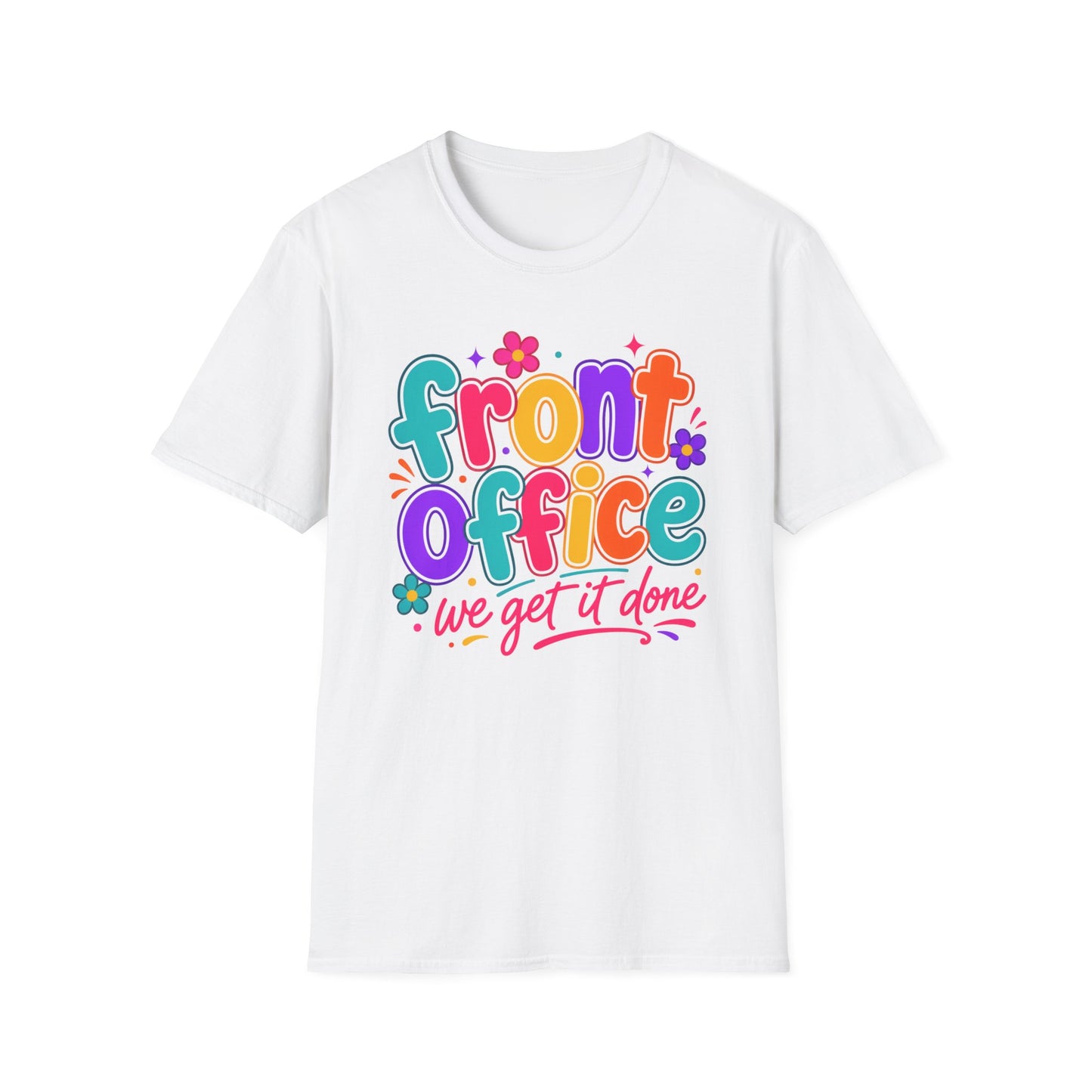 White T-shirt with colorful 'Front Office' and floral badge print