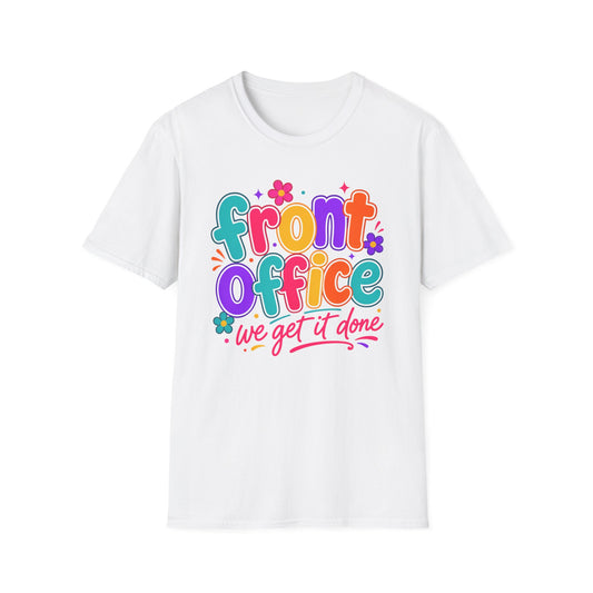 White T-shirt with colorful 'Front Office' and floral badge print