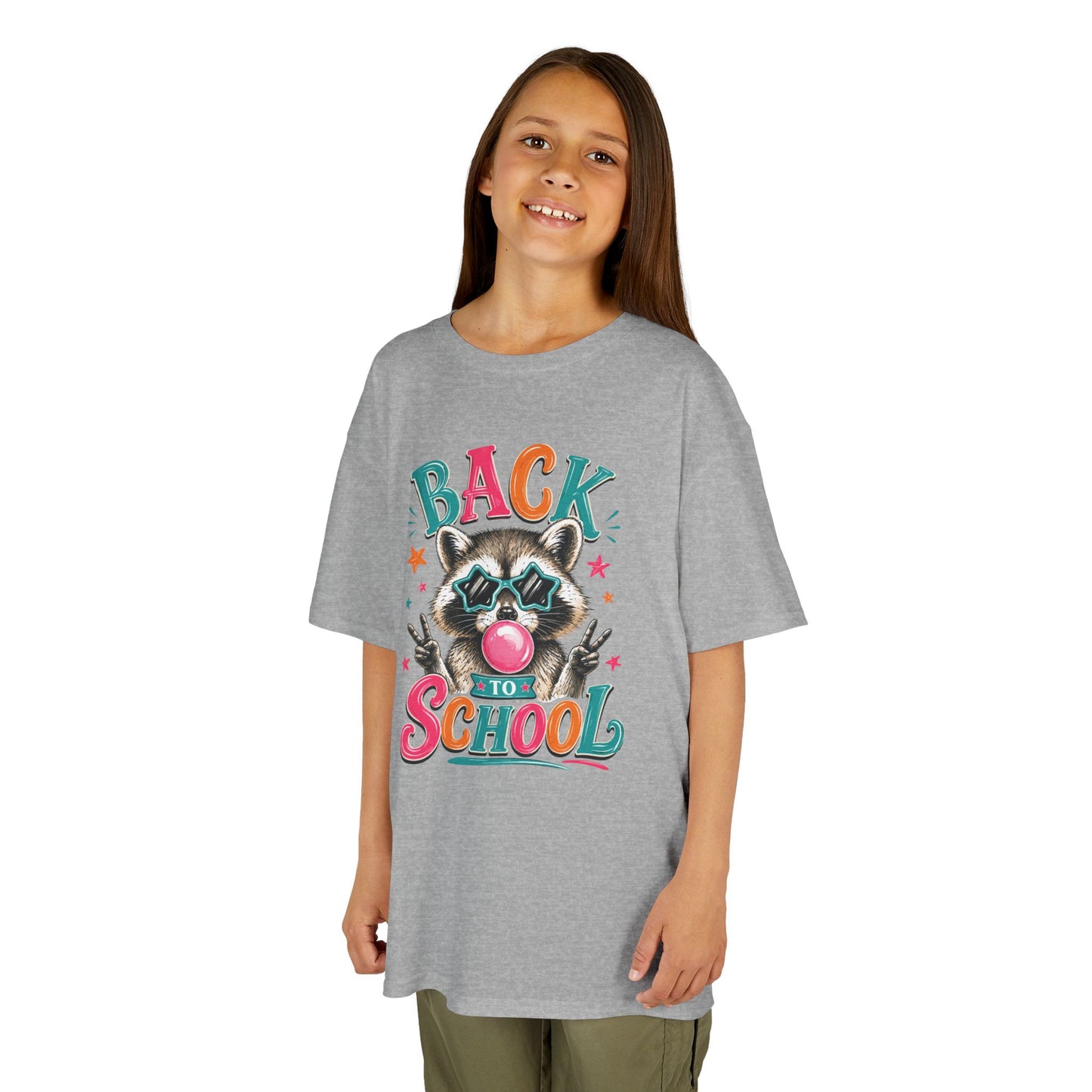 Kids sport grey short-sleeve tee with colorful raccoon Back to School graphic