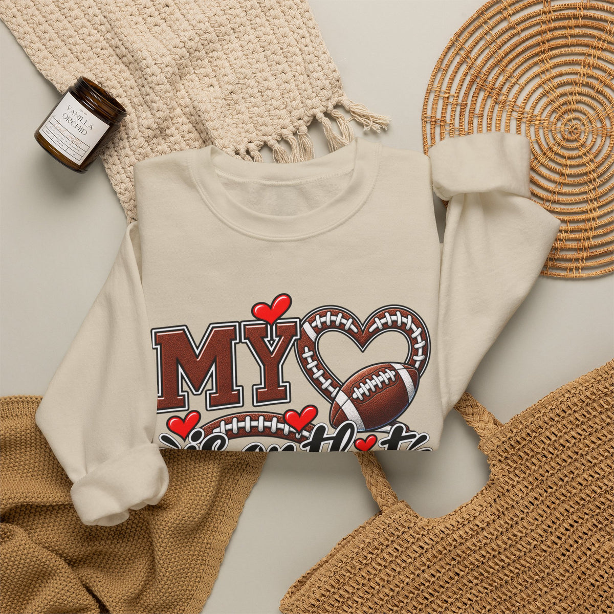 Sand crewneck sweatshirt with 'My' heart and football field graphic