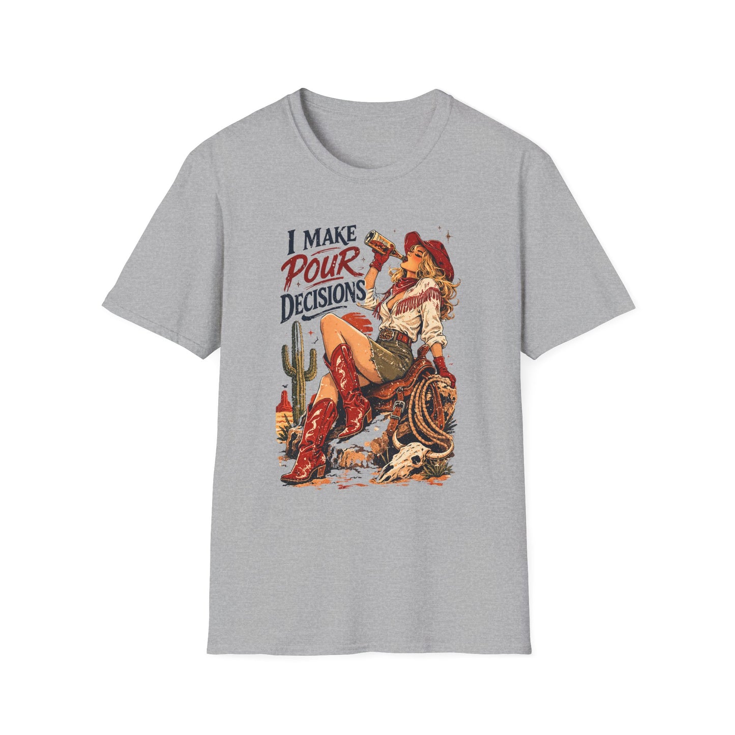 Sport gray cowgirl T-shirt with “I Make Pour Decisions” retro western drinking graphic