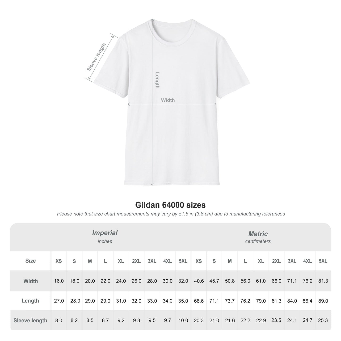 White T-shirt product photo with golf graphic and sizing guide arrows