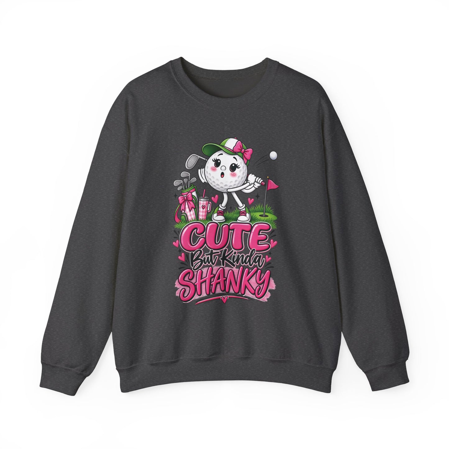Dark heather ladies golf sweatshirt, cartoon golfer graphic with pink 'Cute But Kinda Shanky' text