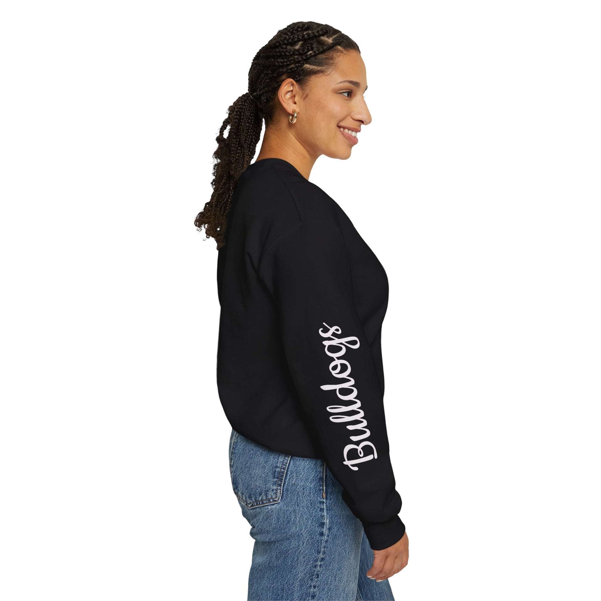 Black crewneck sweatshirt, side view, with white “Bulldogs” text on the sleeve