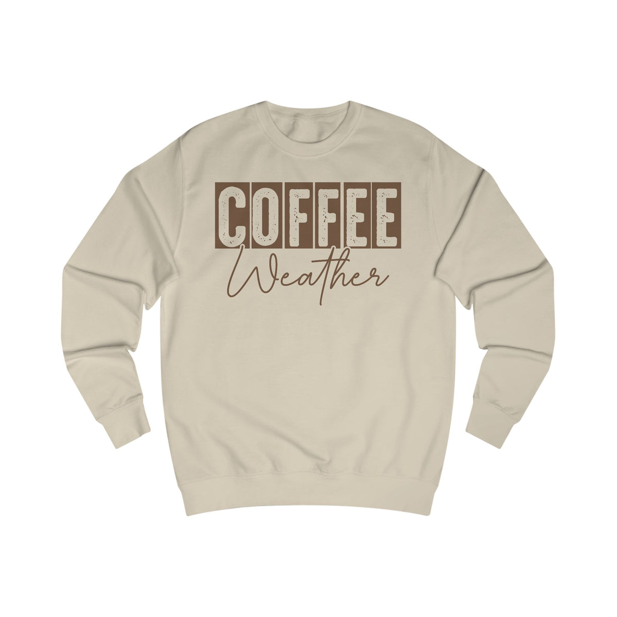 Desert sand crewneck sweatshirt with "COFFEE Weather" graphic on front