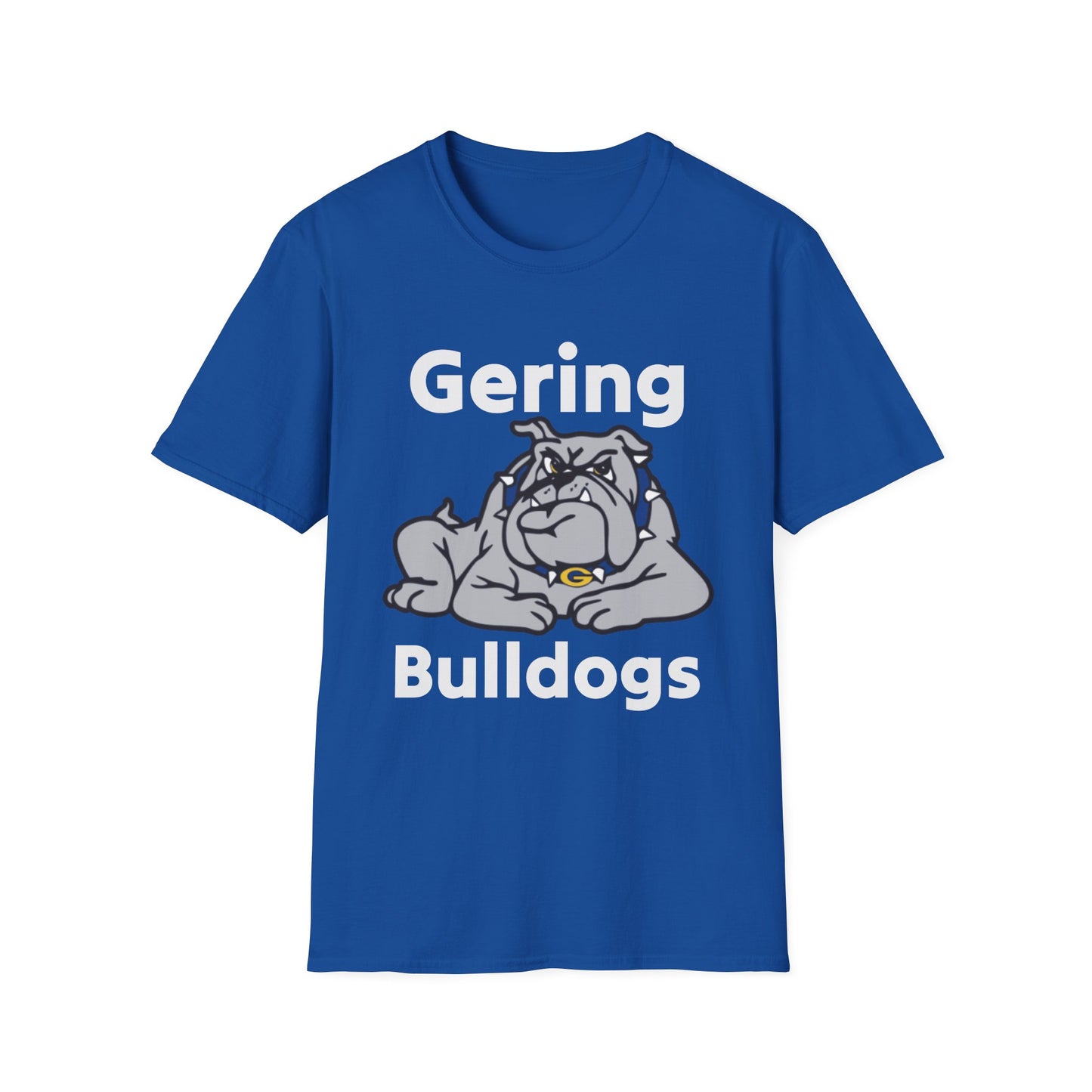 Royal blue Bulldogs mascot graphic T-shirt with Gering text and bulldog logo