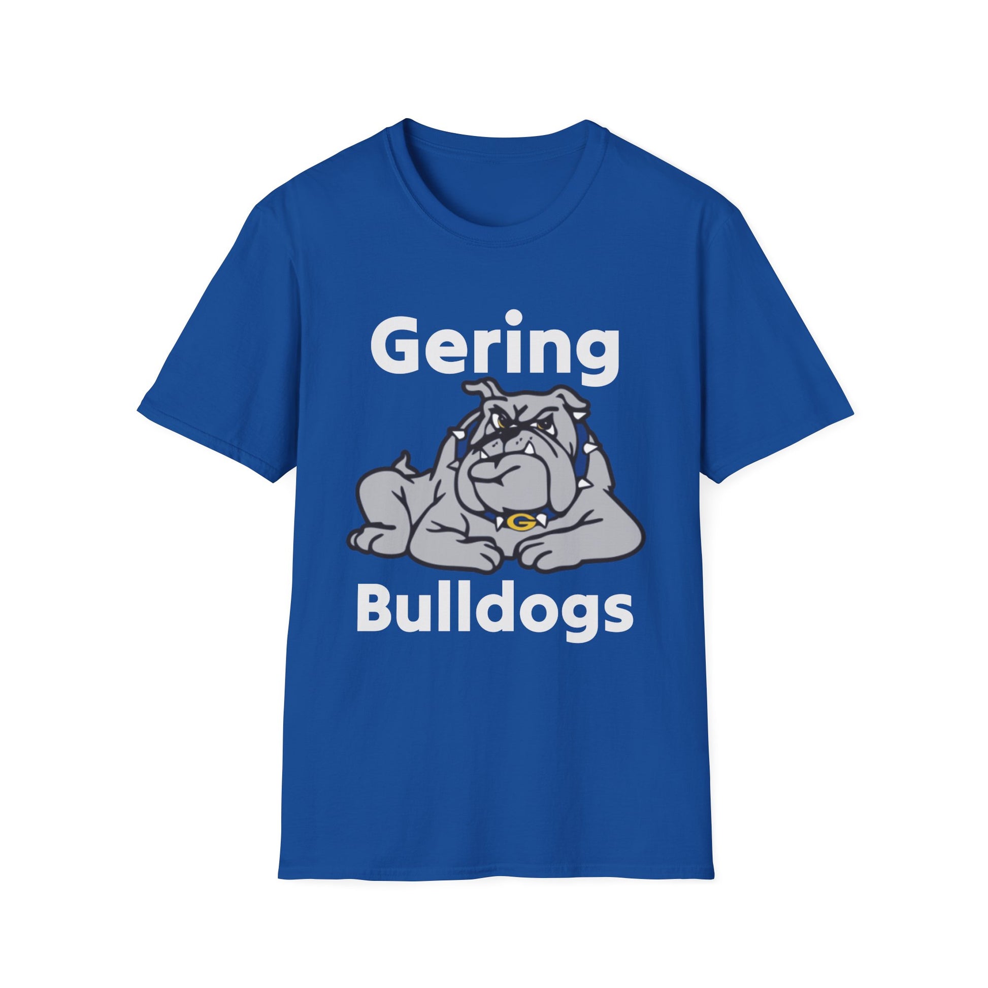 Royal blue Bulldogs mascot graphic T-shirt with Gering text and bulldog logo