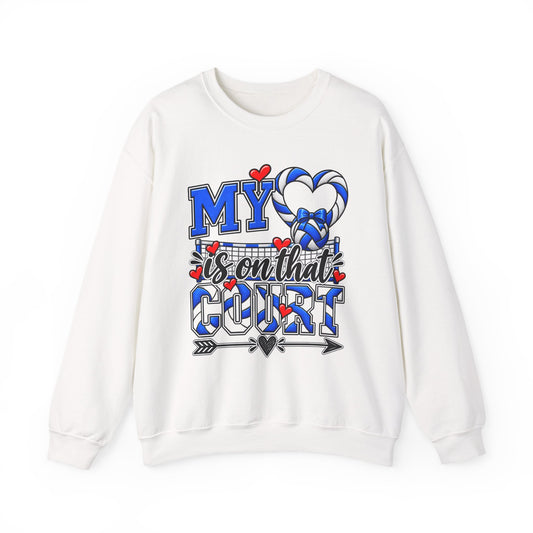 White volleyball graphic sweatshirt with blue heart and “My…” court design