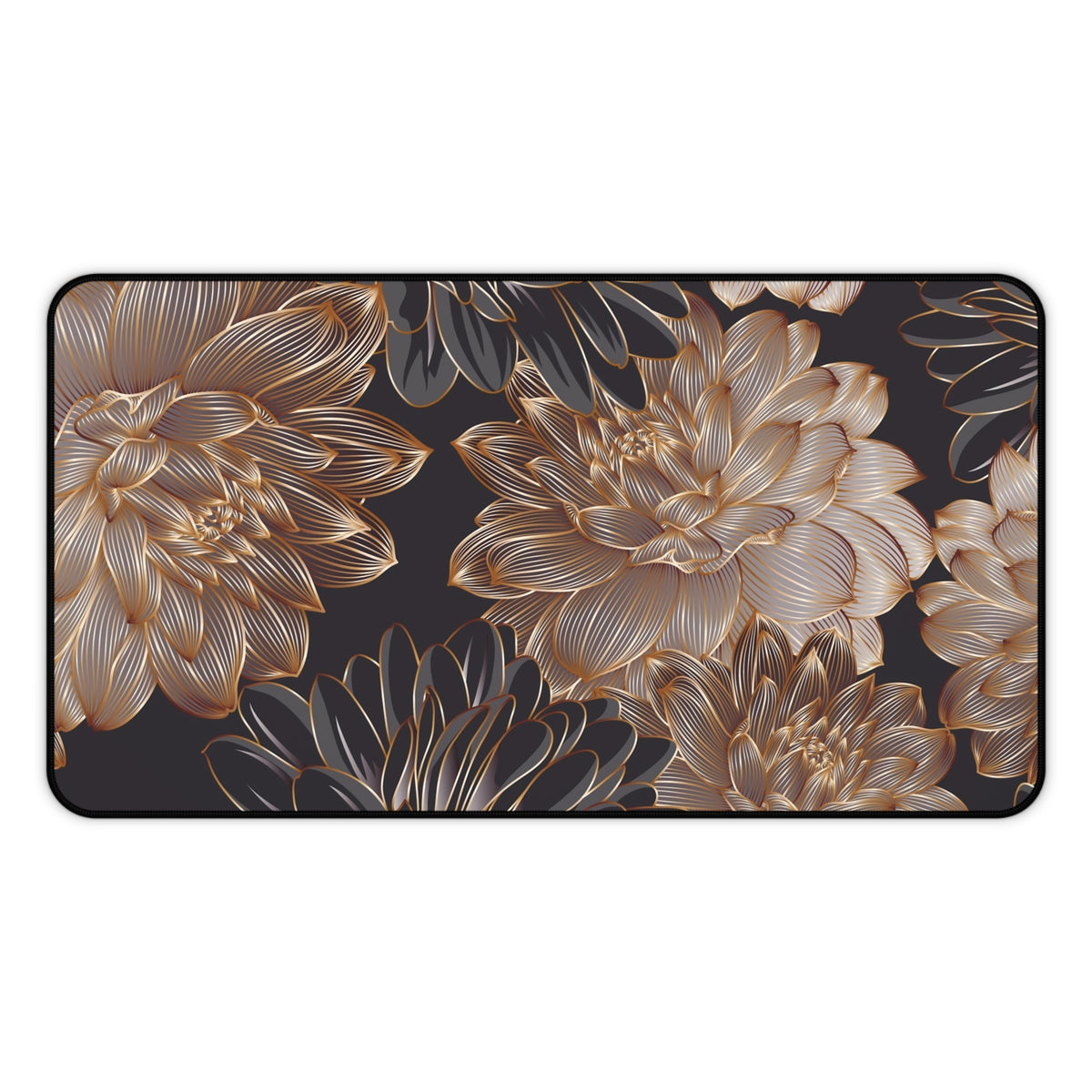 Large floral mouse pad with gold blossoms and leaves on dark fabric, rounded corners