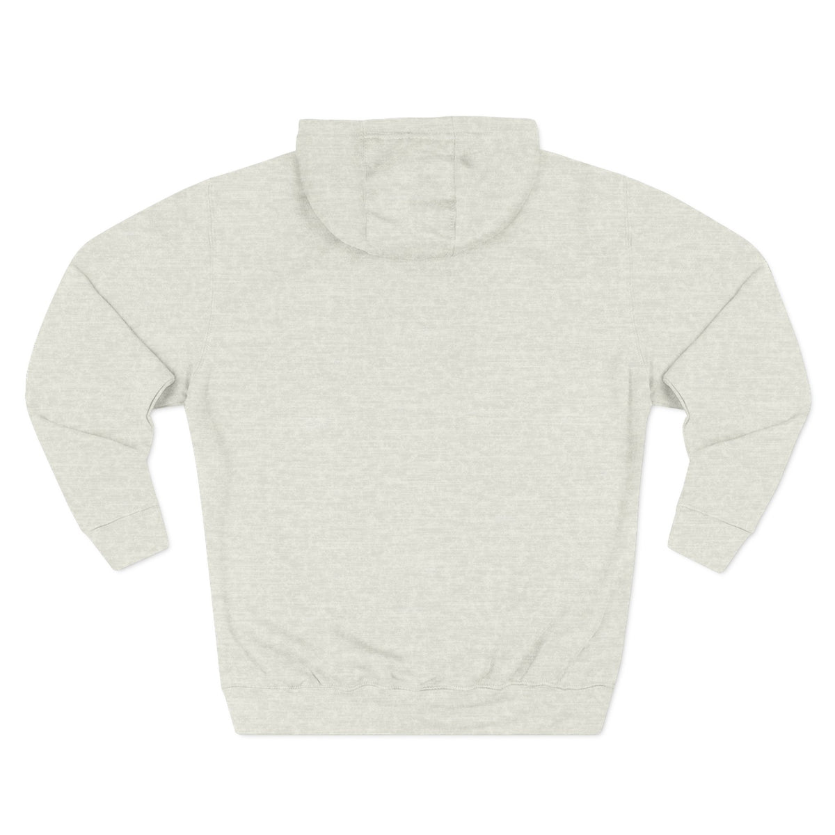 Oatmeal heather fleece pullover hoodie, back view with hood and drawstring