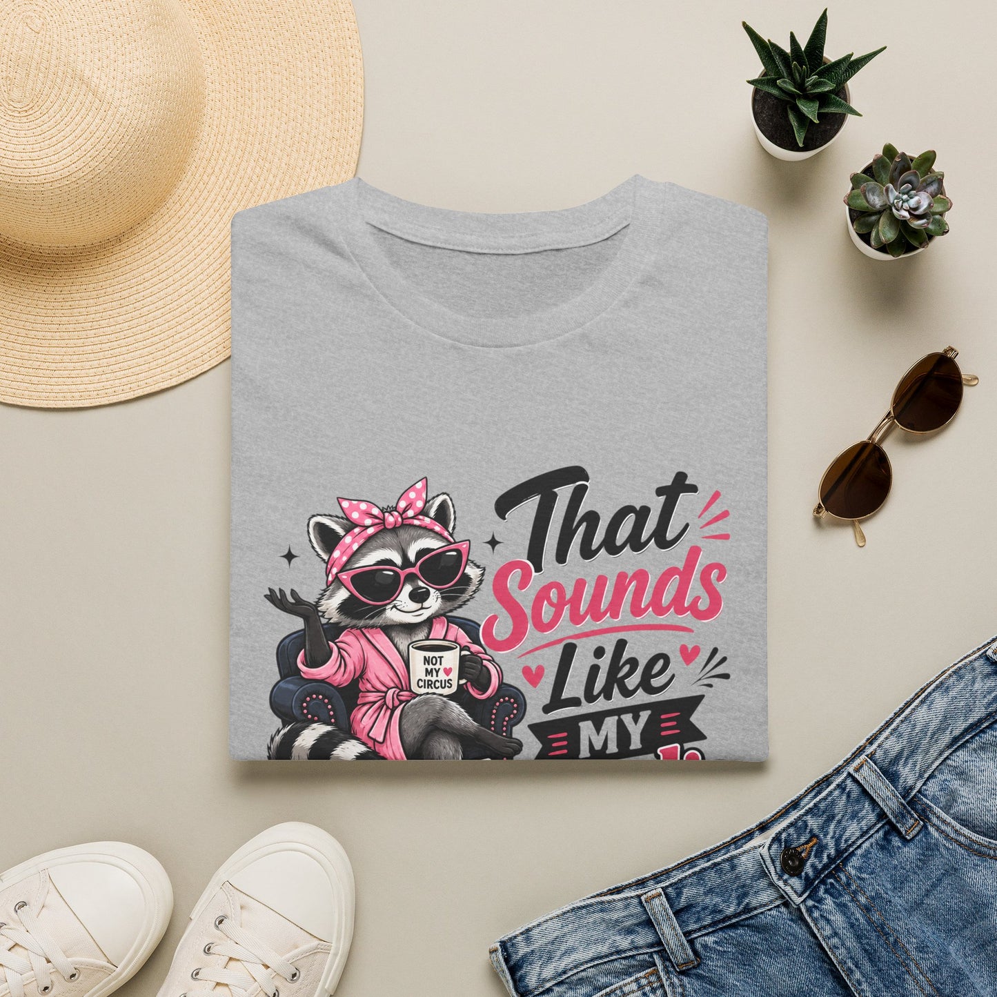 Sport grey crew-neck T-shirt featuring a colorful raccoon 'That Sounds Like My Husband's Problem' design