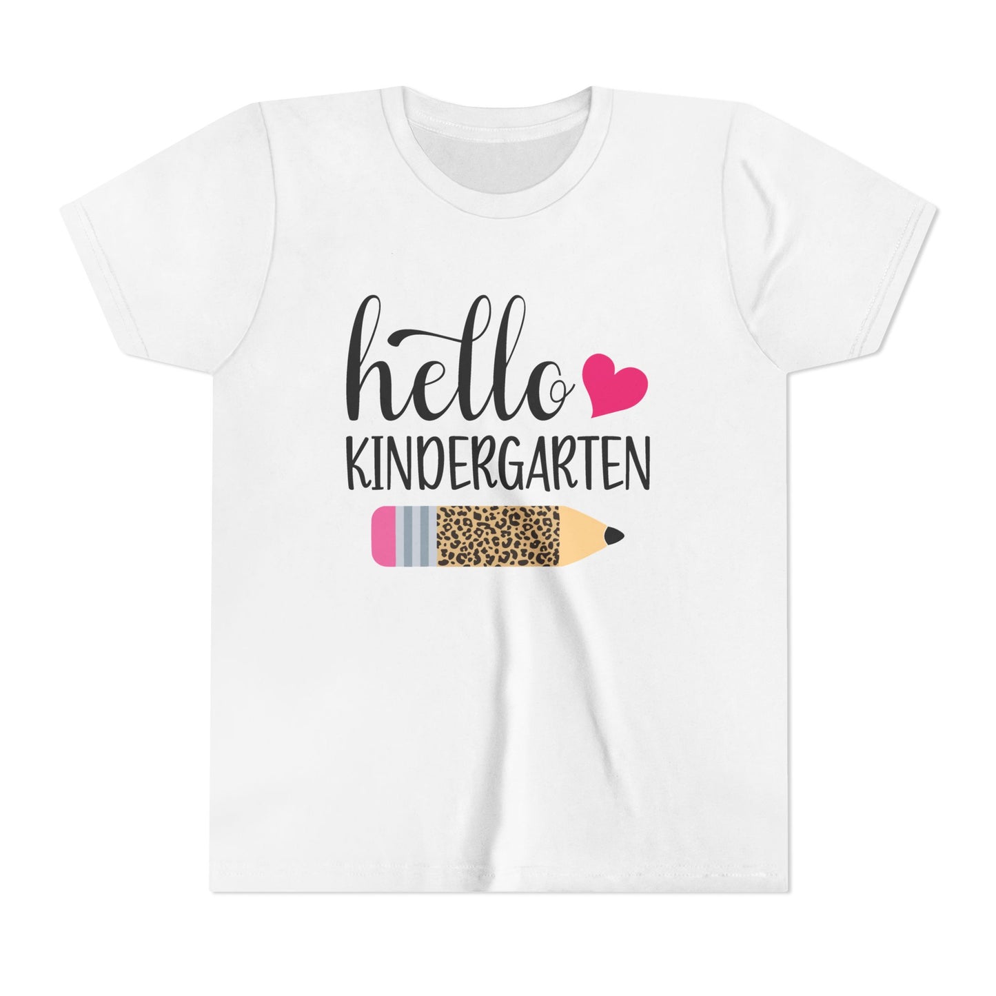 White youth T-shirt with 'Hello Kindergarten' graphic and pink heart pencil design